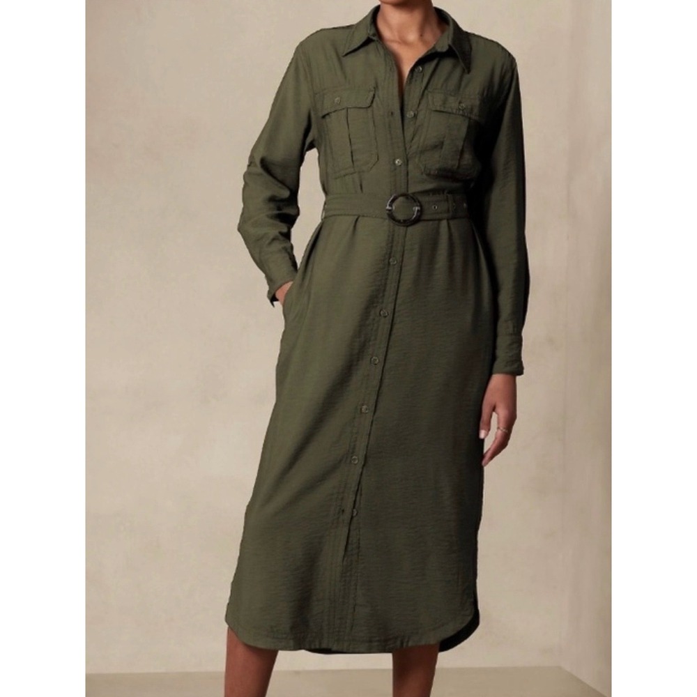 Banana Republic Shirt Dress Olive Green Utility Belted Midi Safari Petite S